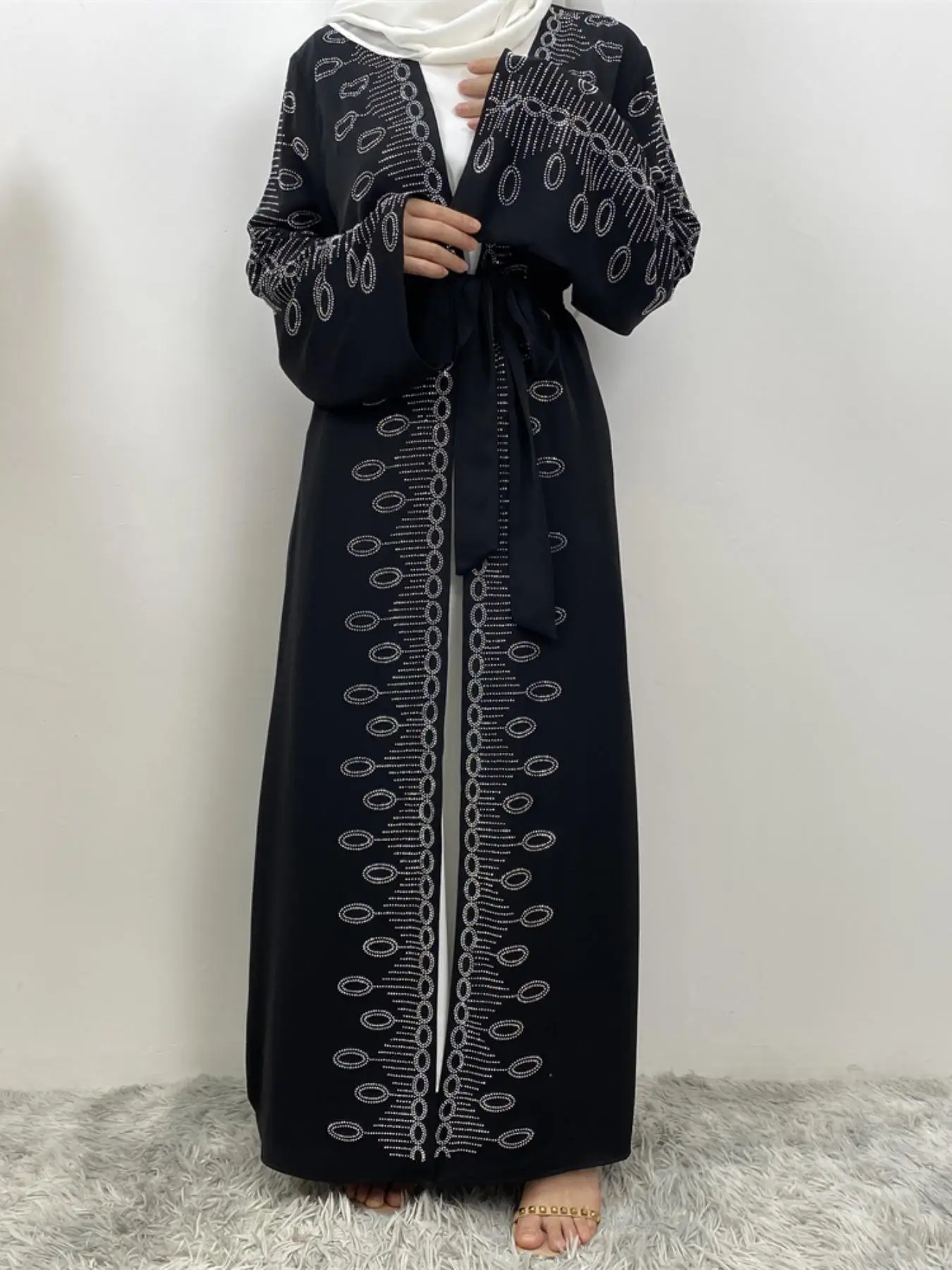 Women's Rhinestone Decor Belted Abaya without Hijab, Chic Modest Long Sleeve Open Front Abaya for Daily Wear, Ladies Islamic Clothing for All Seasons,