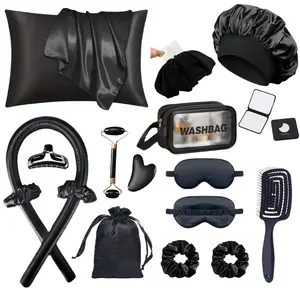 Women's Silk Satin Sleep Night Skincare Set, Multi-Color Options, Includes Pillowcase, Cap, Eye Mask, Facial Roller, Hair Bands, Heatless Curling Iron