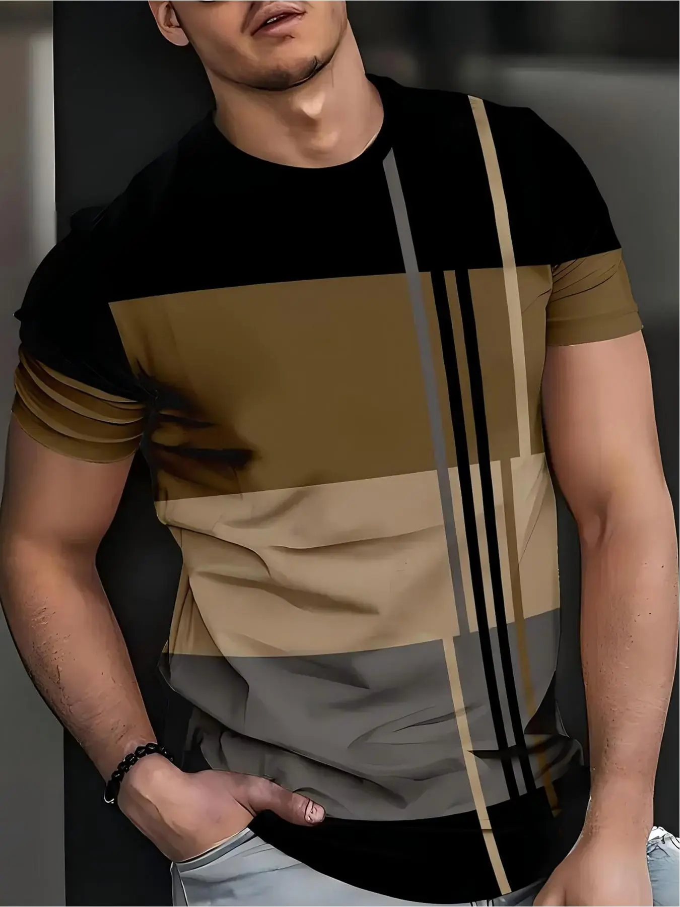 Men's Regular Fit Colorful Patchwork Round Neck Tee, Casual Short Sleeve Crew Neck T-shirt for Summer, Fashion Men's Top for Daily Wear, Tropical, Casual Fashion Breathable, Casual Summer Clothing