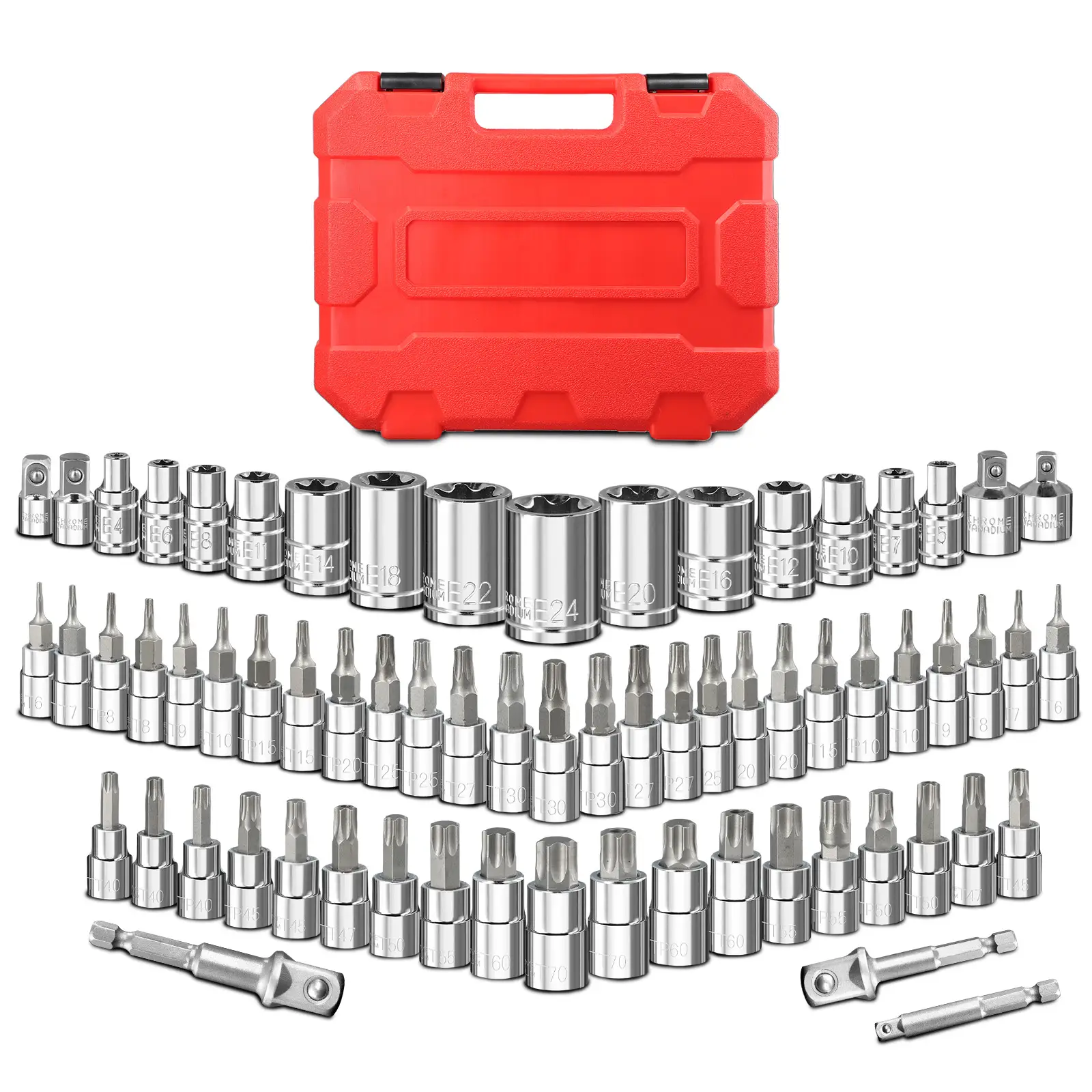 67-Piece Master Torx Bit Socket and E-Torx Socket Set Cr-V, 1/4” 3/8” 1/2” Drive(E4-E24, T6-T70,TT6-TT70,TP8-TP60), Includes Adapter and Drill Adapter