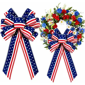 2 Pack Memorial Day Decorations Outdoor,4th of July Large Ribbon Patriotic Stripe Stars Wreath Bow for Door - Red White and Blue Tree Topper Bows Decor Indoor, Veteran's Day, 250th Anniversary USA