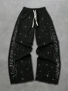 Men's Rhinestone Starry Sky Casual Pants, Artistic Side Letter Design, Drawstring Waist, Fitted Style, All Seasons Wear, Casual Streetwear Trousers