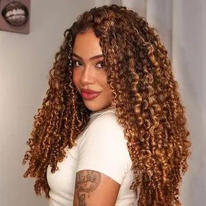 OhMyPretty Burmese Curly Highlight 4/27 Color  Wear Go Half Wig Flip Over Wig Invisible Hairline Draw-strings For Beginner