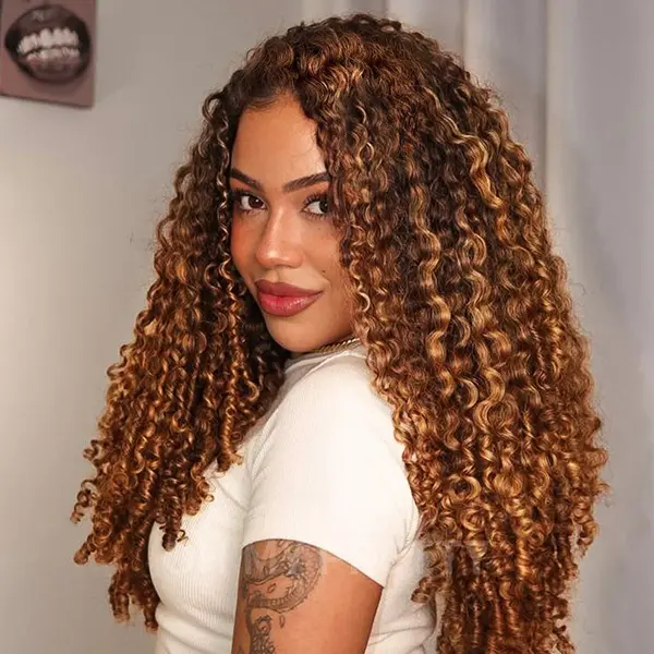 OhMyPretty Burmese Curly Highlight 4/27 Color  Wear Go Half Wig Flip Over Wig Invisible Hairline Draw-strings For Beginner