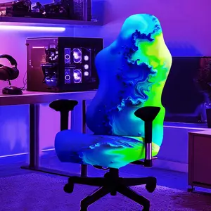 1Set Blue And Green Collide With The Waves Pattern UV Blacklight Reactive Glowing Computer Gaming Chair Cover, Milk Fiber Fabric With Elastic And Detachable Design That Is Machine Washable. Suitable For Office, Bedroom And Game Chair Decoration.