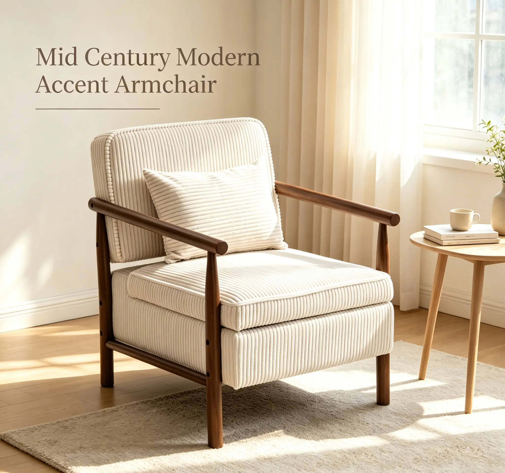 Storage Chair Mid Century Modern Accent Armchair with Wood Frame, Cozy Corduroy Upholstered Living Room Seat with Waist Cushion, Compact Reading Chair for Small Space Coffee Nook, Antique White indoor furniture