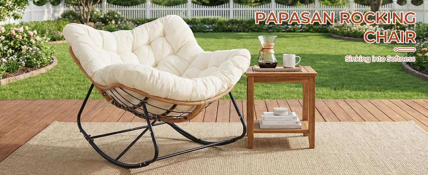 Arlopu Outdoor Papasan Rocking Chair, Oversized Padded Lounge Rocker with Cushion, Comfy Wicker Egg Lounge Chair, Large Indoor Rocking Recliner for Living Room/Porch/Garden