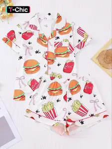 Women's All Over Burger Print Short Sleeve Shirt & Elastic Waist Shorts Pyjama Two-piece Set, Casual Comfy Button Up Top & Shorts PJ Set, Ladies for All Seasons, Pajamas, Pickle Lover Loungewear, Casual Lounge Sleep