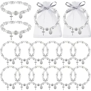 Rosary Bracelet Bulk with Mesh Bags, White Religious Rosary Bead Bracelet Catholic Bracelets, Baptism First Communion Gifts for Women