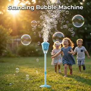 Outdoor Standing Bubble Machine with RGB Lights & Music, Rechargeable Lawn Bubble Blower for Kids Party & Backyard