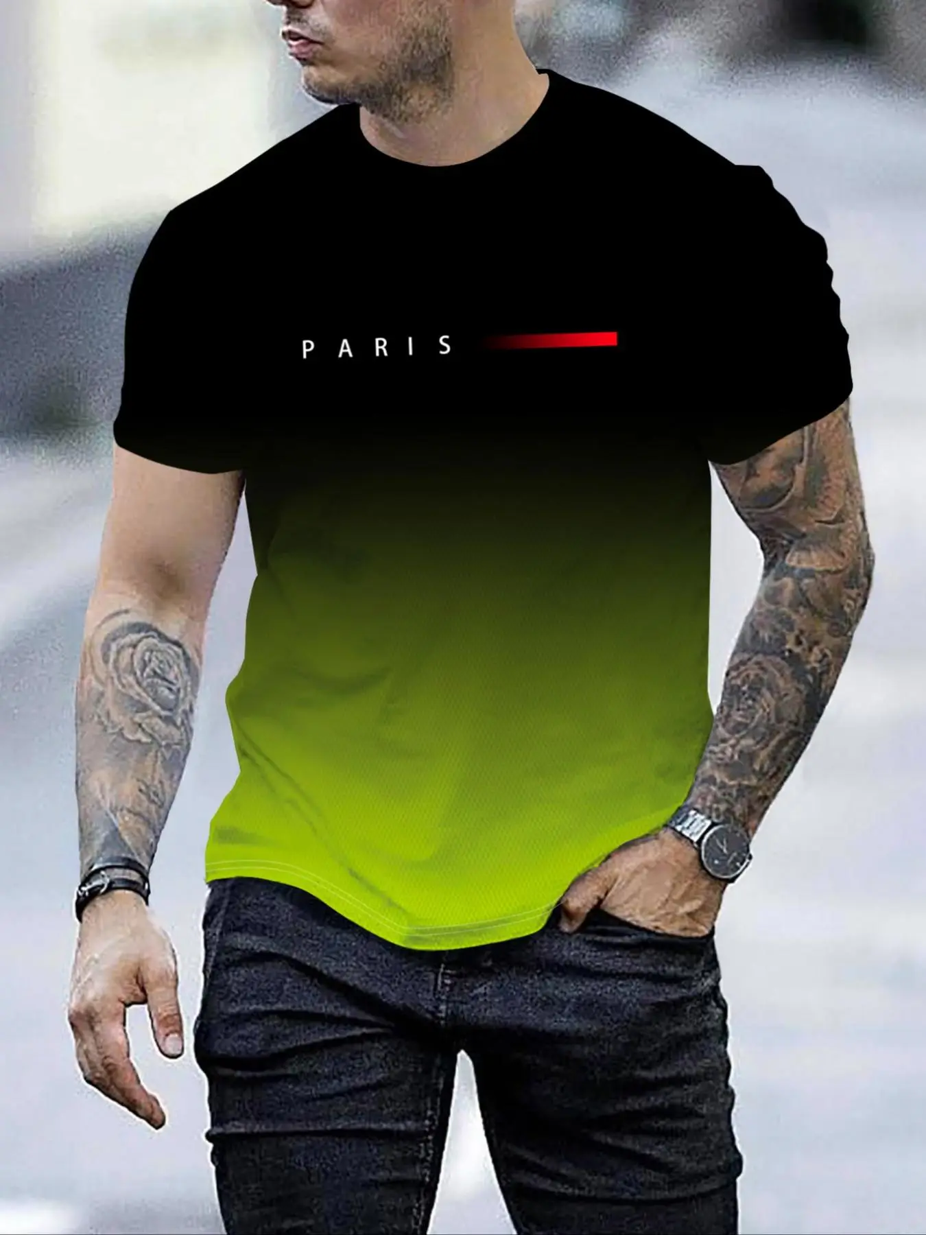 Men's Ombre & Letter Print Round Neck Tee, Regular Fit Casual Short Sleeve Crew Neck T-Shirt for Summer, Fashion Men's Top for Daily Wear