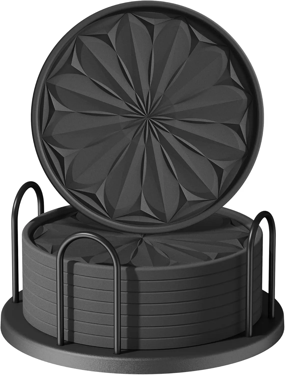 Coasters Set of 8 for Drinks with Holder, 4" Large Silicone Coasters for Coffee Table, Deep Tray Non-Slip Drink Coasters for Table Protection, Heat Resistant & Dishwasher Safe, Black