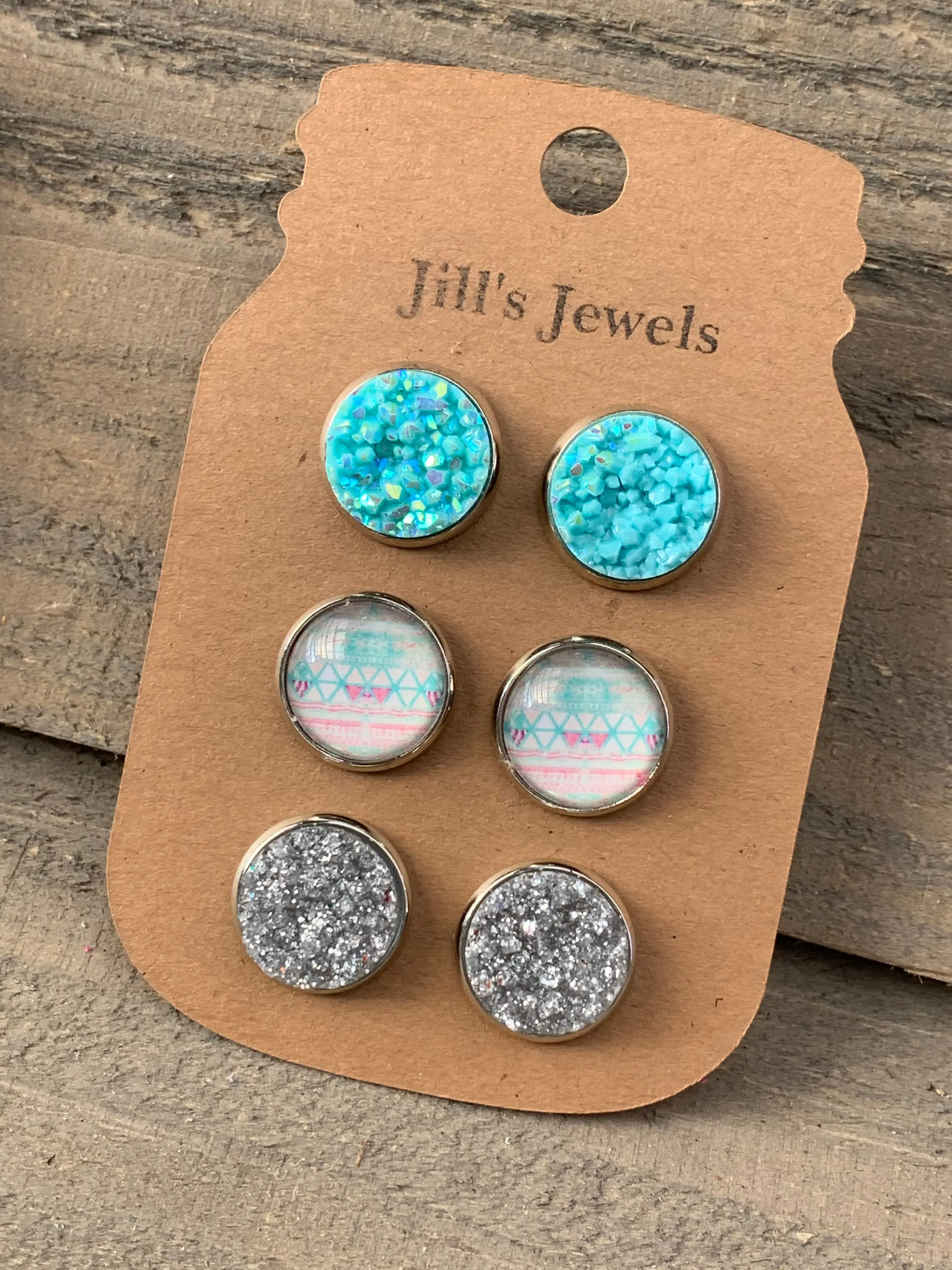 Pastel Aztec Turquoise Faux Druzy Earring 3 Set