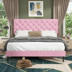 Stylish Linen Upholstered Bed Frame with Button Tufted Headboard, Sturdy Platform Bed Frame No Box Spring Required, Easy Assembly Bedroom Furniture, Multiple Sizes Twin Full Queen King, Multi Color DarkCream Available