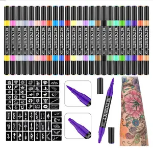 Ponhey Temporary Tattoo Markers for Skin, 24 Body Markers+67 Large Tattoo Stencils,Dual-End Tattoo Pens,Fine Lines with Cosmetic-Grade,Flexible, Skin-Safe Face Paint Kit for Teenage Adults