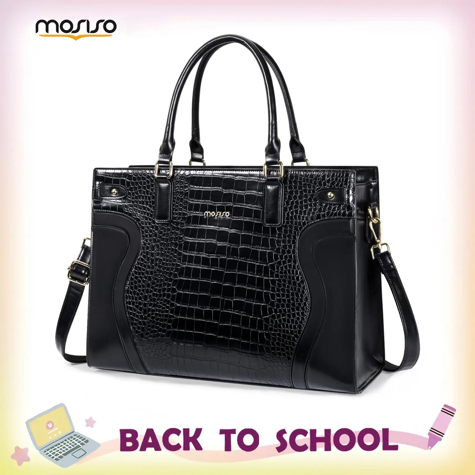 MOSISO Women's Chic Rectangular Croco Grain PU Leather Laptop Tote Bag - Waterproof, High-Capacity, 15.6in Computer-Fit, Adjustable Hook & Loop Laptop Strap, Clutch Purse, Velcro Closure, Zipper, Dry Clean Compatible, Black, Length 15.6 Inch