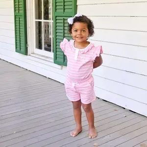 Pink Stripe Nina Short Set - Cute French Terry Girls 2Pc Outfit