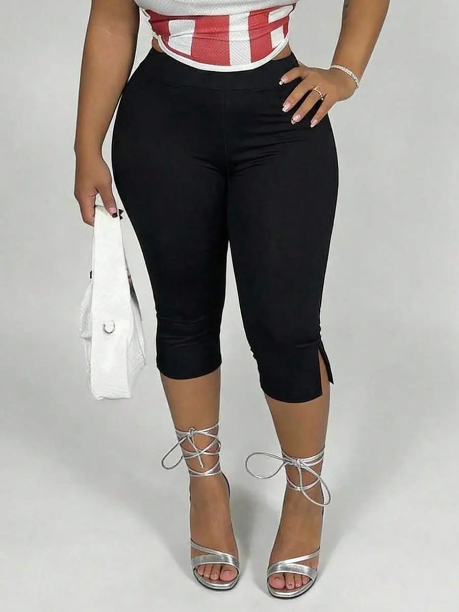 Solid Color Lightweight Cropped Leggings With Side Slit Hem, Suitable For Casual Outings And Dates In Summer/Spring/Autumn Black