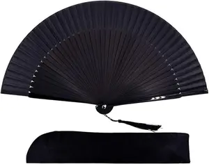 8.27"(21cm) Hand Held Bamboo Silk Folding Fan Hand Fan,Chinese/Japanese Charming Elegant Vintage Retro Style,Women Ladys Girls Best Gifts (Black)