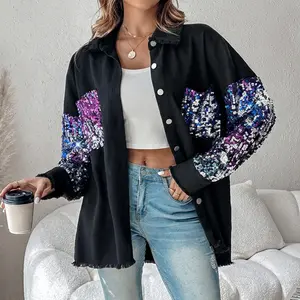 ChicMe Women's Oversized Sequin Colorblock Shacket Sparkle Patchwork Denim Jacket Button Up Raw Hem Long Sleeve Coat Party Streetwear Top