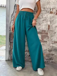 Women's Plus Size Solid Color Loose Wide Leg Pants, Casual Elastic Waist Long Trousers, Comfortable Plain Fit for Daily Wear Everyday