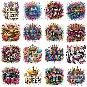 16 Creative Watercolor Birthday Quote Squad Heat Transfer Stickers, Washable DTF Transfers for T-Shirts, DIY Fashion Accessories for Clothing & Home Decor, DIY Flower Decor