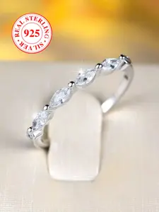S925 Sterling Silver Ring, Geometric Design with Imitation Zircon Stones, Simple Elegant Daily Casual Jewelry Gift Box Included