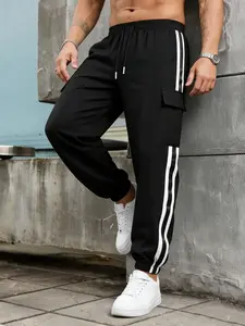 Men's Breathable Lightweight Running Pants, Cuffed Sweatpants with Drawstring Mid-Waist, Stripe Print, Cargo Pockets, Elastic Waistband, Loose-Fit Tapered Cuffs, Ideal for Casual Wear & Sports,summervibes
