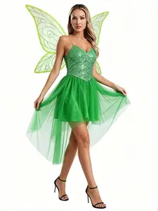 Women 2Pcs Fairy Tale Elf Cosplay Costume Sequin Sling Dress with Wings Halloween Xmas Carnival Festival Party Performance Suit