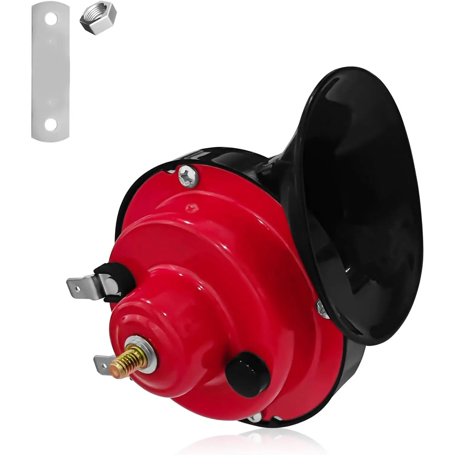 12V 300DB Waterproof Rust-Proof ABS Shell Car Air Horn Kit with 4.25in x 3.68in Copper Liner, Bracket, Screws - High & Low Temp Resistance Electric Snail Horn for Car, Truck, Boat, Motorcycle, Scooter Hoods (Red)
