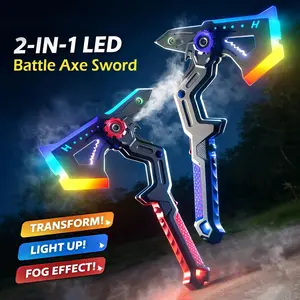 2-in-1  FS RGB LED Transforming Axe & Sword with Real Mist Effect – One-Button Switch, Sound Activated, USB-C Rechargeable, Combine Two for Dual Mode