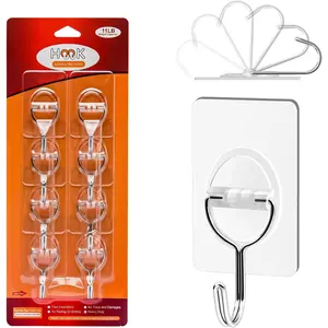 Adhesive Hooks Heavy Duty Sticky Hooks for  11 lbs (Max) Seamless Transparent Adhesive Hooks Wall Hangers Without Nails for   Coats Hats Bags Ceiling (Clear-8PACK)