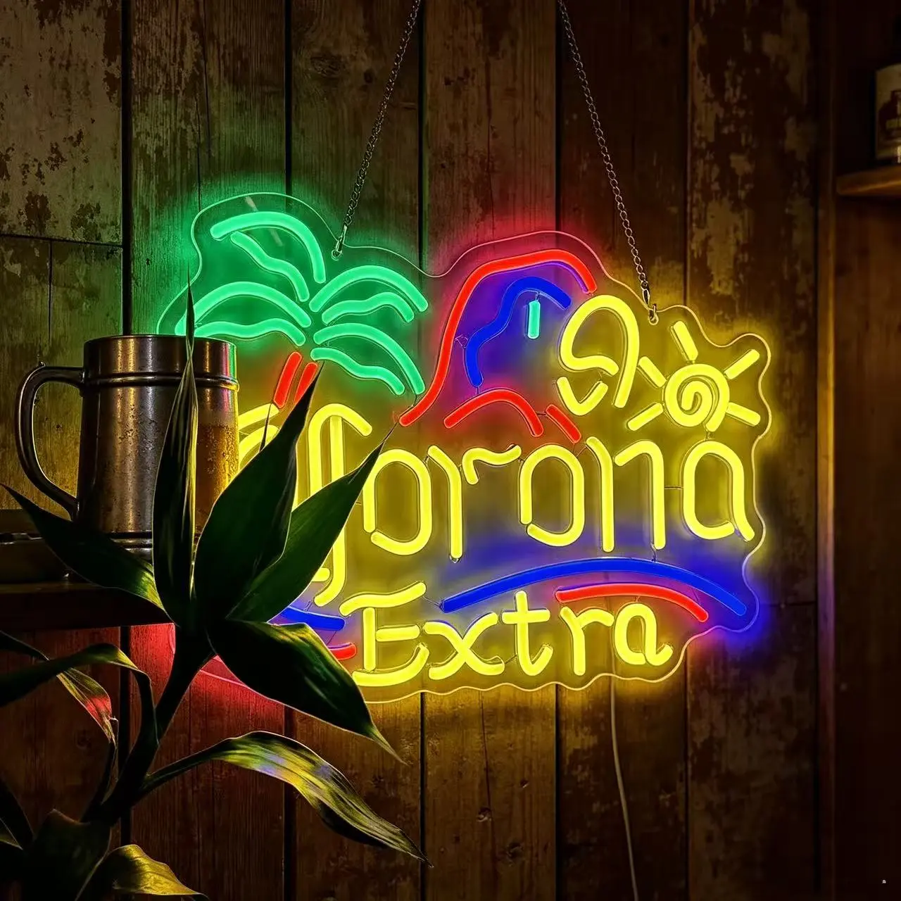 Acrylic Palm Tree Corona Beer LED Neon Sign, Dimmable USB-Powered Indoor Wall Decor with Ambient Glow for Bar, Man Cave Pub Gifts, Home Decor