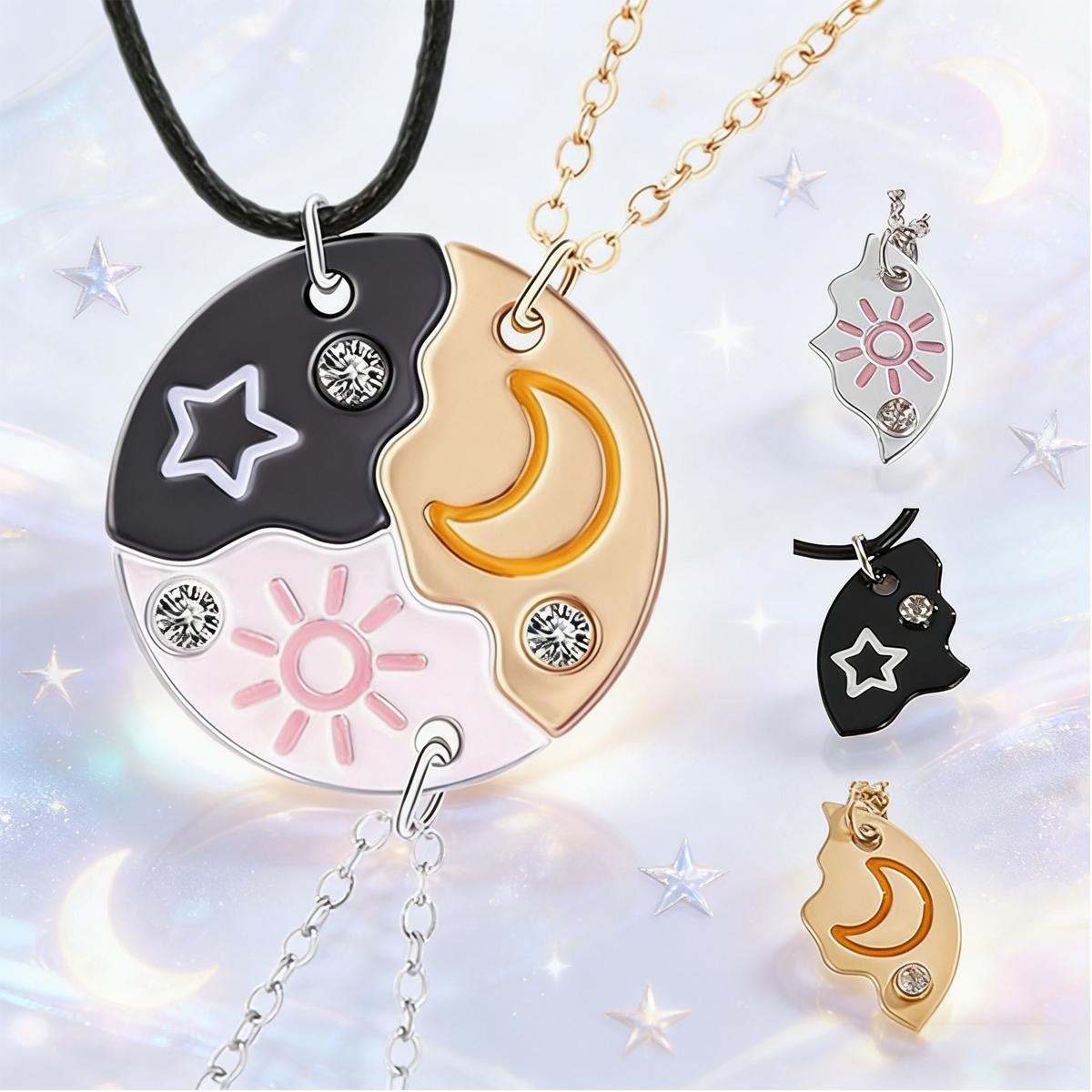3-Pack Best Friendship Necklaces&Bracelet Set, Sun Star Moon Puzzle Matching Pendant Necklace& Bracelet Forever Three Friends Bff Sister Jewelry Gifts for Anniversary Birthday