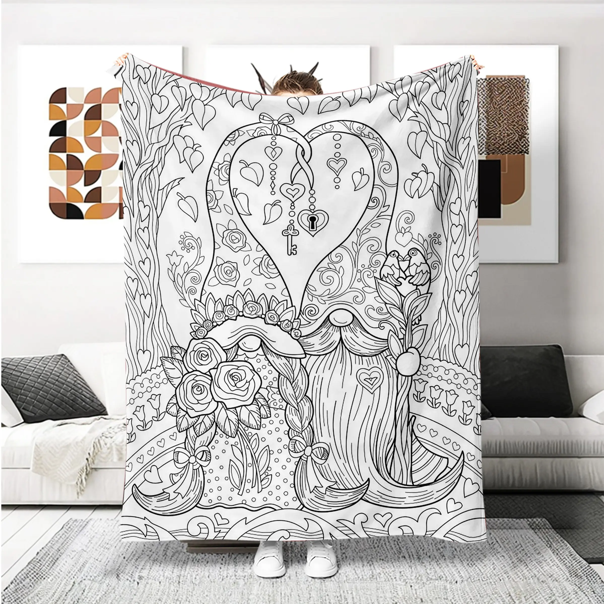 Cozy Soft Fluffy All-Season Art Graphic Blanket - Dwarf Coloring Book Vintage Hand-Drawn Eras Design, Flannel Polyester, Fading-Resistant, Decorative Giftable Throw for Family, Sofa Use, All Season Blanket, Cozy Throw Blanket