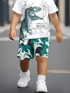 Boys Summer Short Sleeve Set with Trendy Dinosaur Print, Casual Lightweight Top for Outdoor Activities, Perfect Gift for Kids