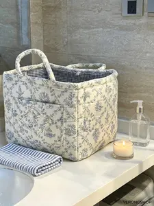 Floral Print Storage Tote Bag, Large Capacity Portable Home Organizer with Dual Carry Handles, Multi-purpose Household Sundry Container, Versatile Storage Bin for Laundry, Closet Sorting & Daily Household Tidying