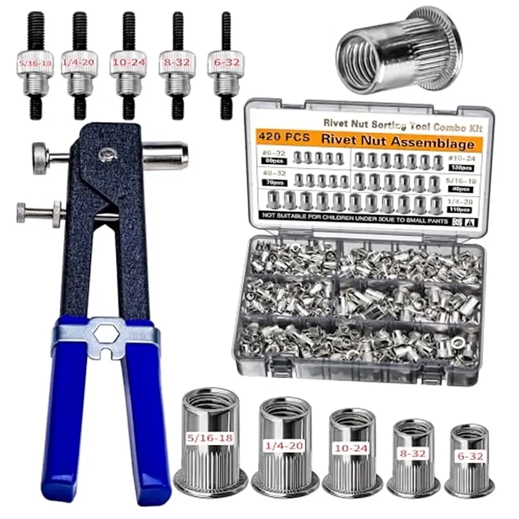 SAE Rivet Nut Tool 420pcs Imperial Carbon Steel Rivet Nut Tool Kit, （5/16-18、1/4-20、10-24、8-32、6-32）, Suitable for Furnitur, Automotive, Marine and Industrial Applications (SAE Carbon Steel 420)