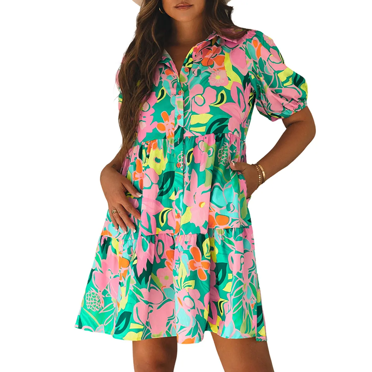 Znacicc Women's Casual Short Sleeve Floral Puff Sleeve Collared Buttoned Babydoll Dress 2025 New Fashion 100% Polyester Summer Wear - Womenswear Sundress Aesthetic