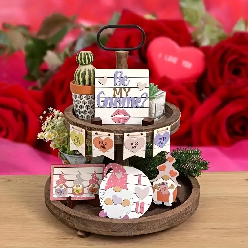 Wooden Tiered Tray Decoration, 12pcs/set Romantic Heart & Letter Pattern Decorative Ornament, Home Decor for Living Room Bedroom Party