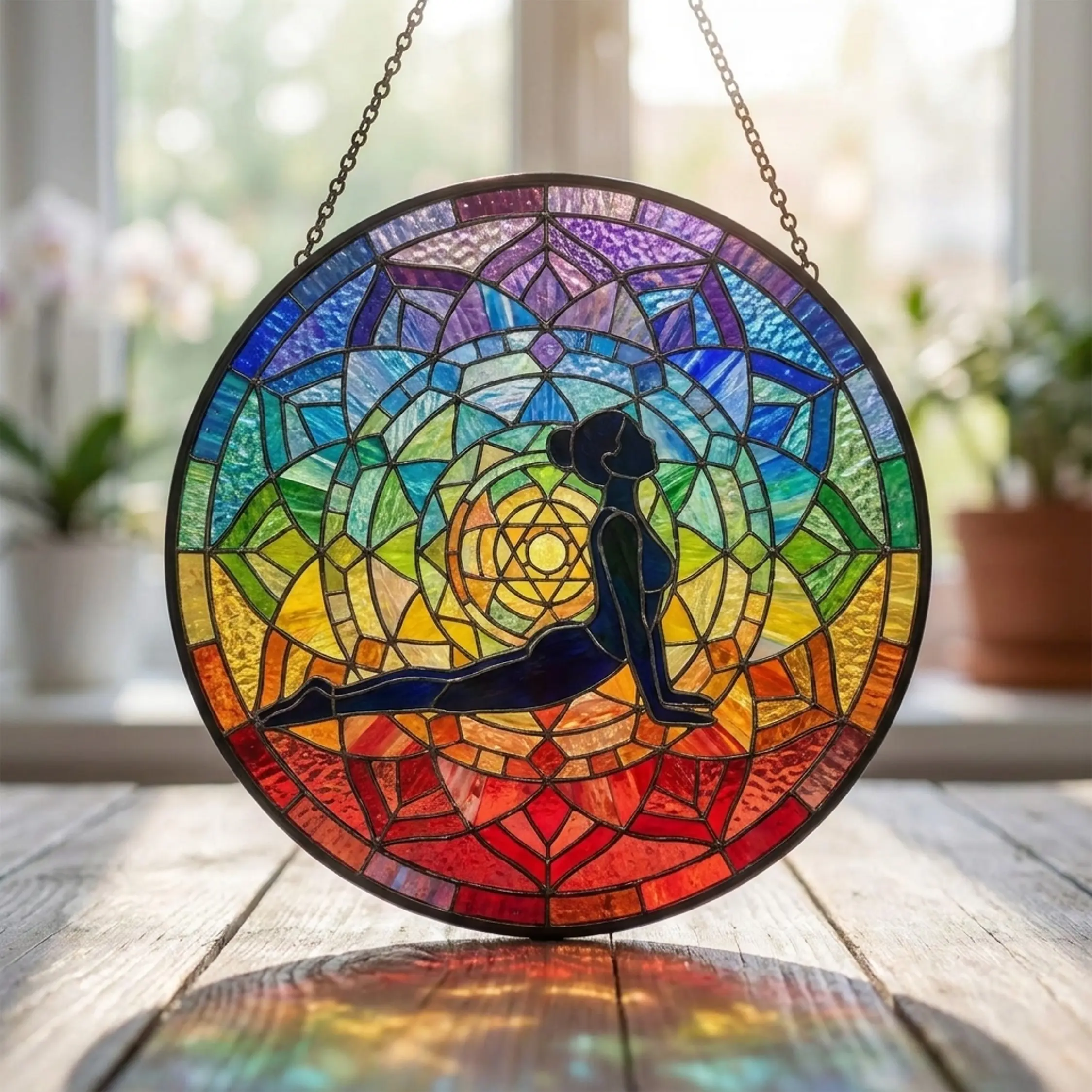 Vivid Colored Glass Mosaic Hanging Window Ornament - Stained Glass Hanging Decor with Floral Motifs, Autumn Forest Suncatcher, Home Window Decor, Yoga Tree Pose Wellness Gift for Yoga Lovers, Colored Glass Mosaic Hanging Decor