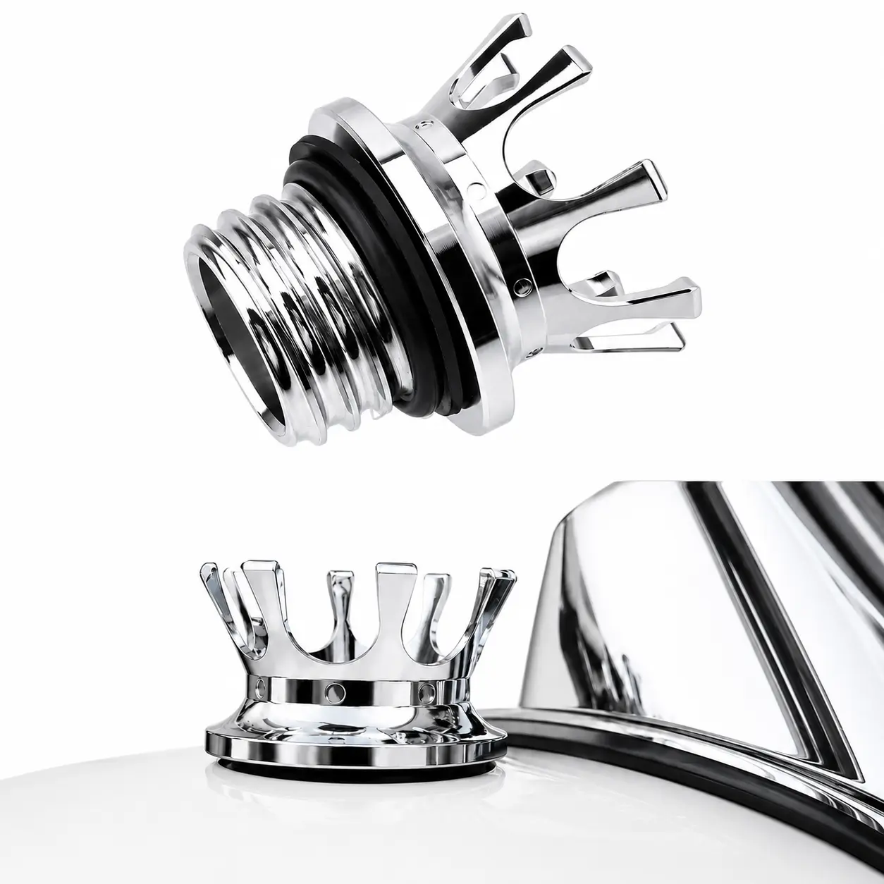 Polished Chrome Crown-Style Flush Cap Aluminum Alloy Flush Mount Fuel Tank Cap, Right-Hand Thread Screw-In for Motorbikes, Aftermarket Replacement for Harley Sportster XL, Road King, Softail, Dyna FXD Tanks, Motor Bike