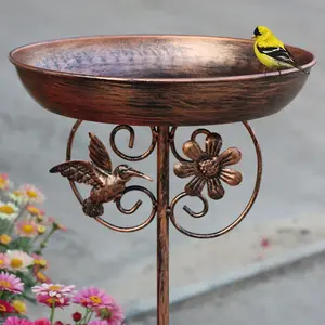 Bird Bath for Outdoor Garden - Vintage Copper Metal Bird Bath Stand with Hummingbird & Flower Ornaments, Ornate Yard Patio Lawn Bird Bath Decor, Weather-Resistant Outdoor Bird Bath for Backyard Birds Drinking & Bathing