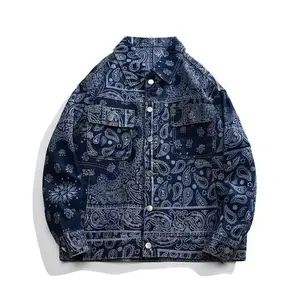 Men's fashionable slim fit denim jacket with cashew flower denim jacket, suitable for the collision  Casual Coat Long Sleeve