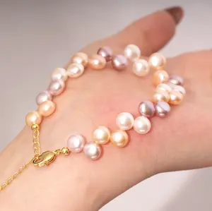 Natural Candy-Colored Genuine Pearl Bracelet for My Daughter Pink Fashion Jewelry Unique Design Adjustable Chain Bracelet Lucky Gift for Her Exquisite Birthday Style Perfect Christmas