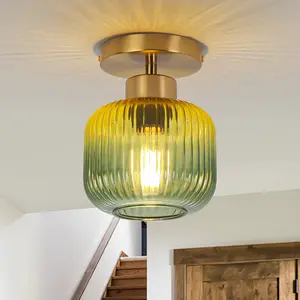 PARROTT UNCLE Paula 6 Inch Bard 1-Light Semi-Flush Mount Ceiling Light Modern Drum Design Yellow-Green Gradient Finish Iron Glass Build Dry Location Dining Room Bedroom Bathroom Ambient Decoration Lamp