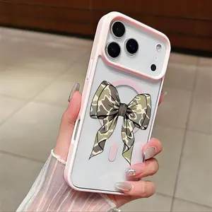 Camo Bow Pattern Clear Magnetic Phone Case , clear acrylic Support MagSafe Silicone Bumper Protective Cover For iPhone X 11 12 13 14 15 16 17 Pro Max Plus Air Girl.QXE776