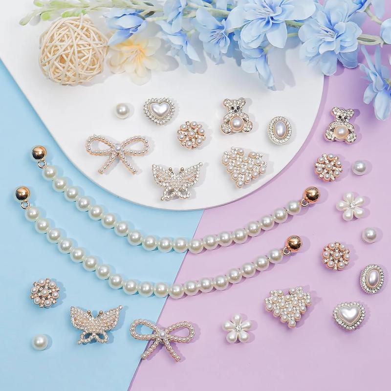 SOGLLQAM Shoe Charms for Women – Pearl & Flower Rhinestone Chain Shoe Decorations, Bling Accessories for Party & Birthday