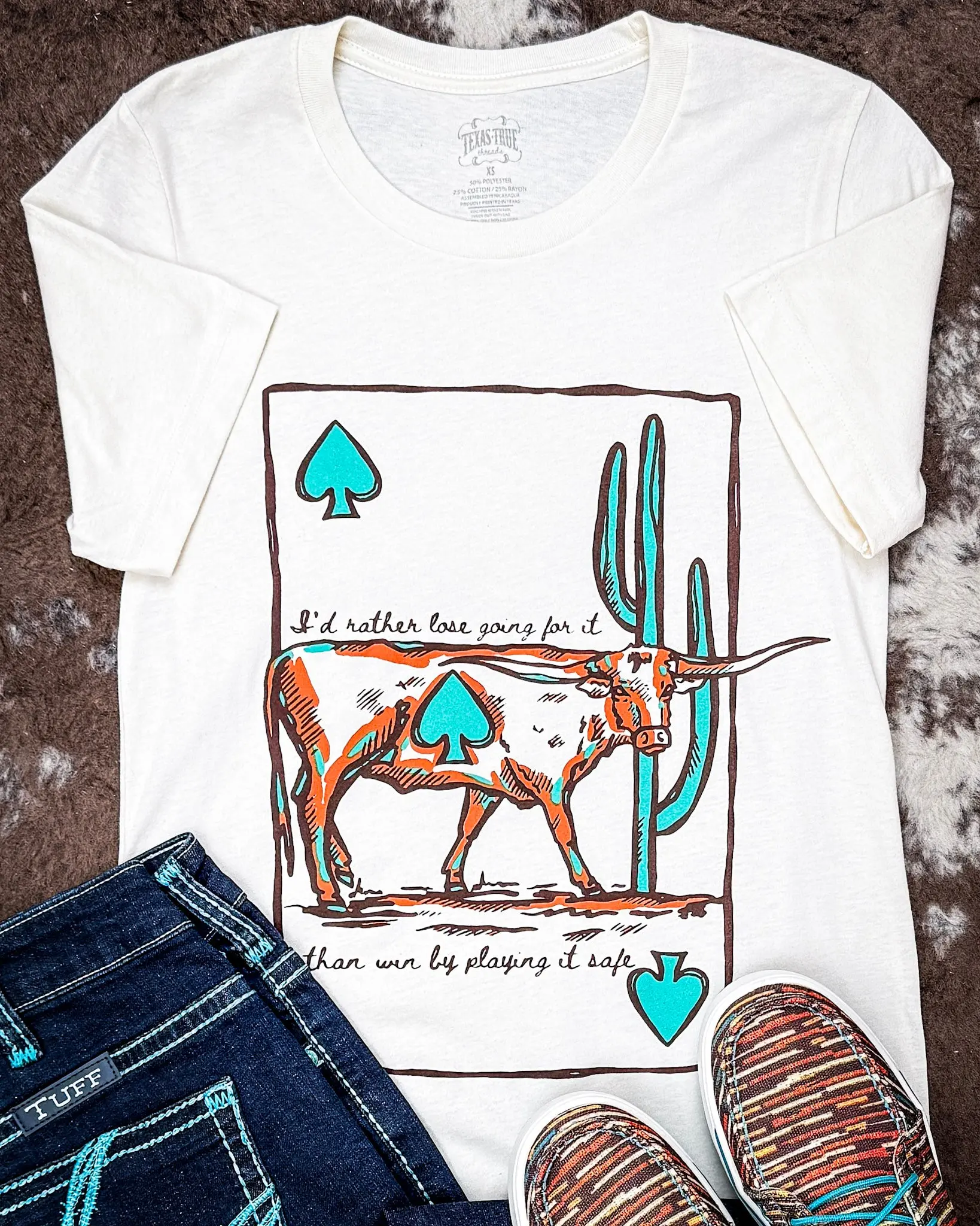 Women's Short-Sleeve Crewneck Rayon Tee, Cream High Stakes Steer Graphic, Soft Drape Design