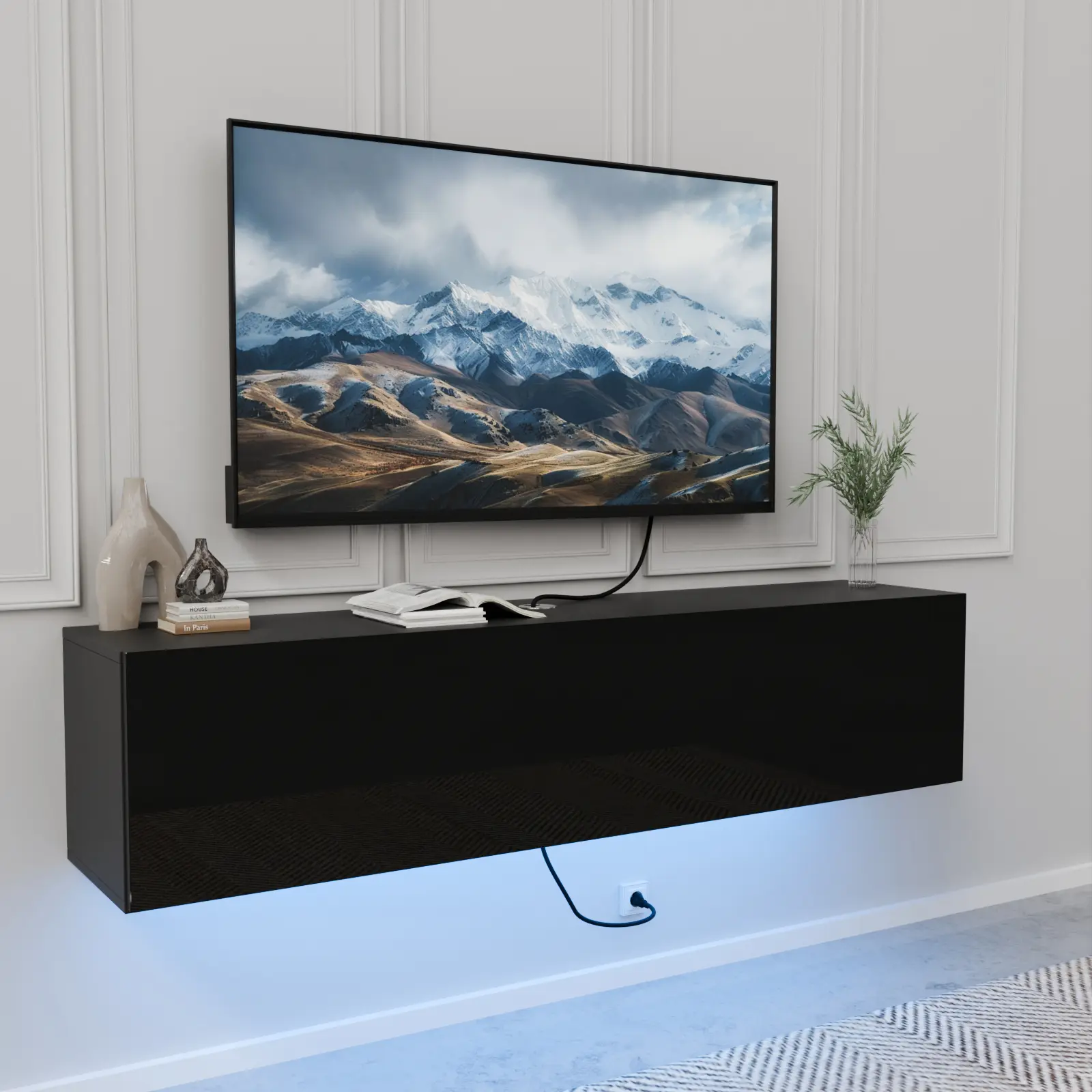 HOMMPA Floating TV Stand with Led Light for 65 Inch TVs Wall Mounted Led Entertainment Center Black with High Gloss Storage Modern Floor Mounted Media Console with Led Light for Living Room